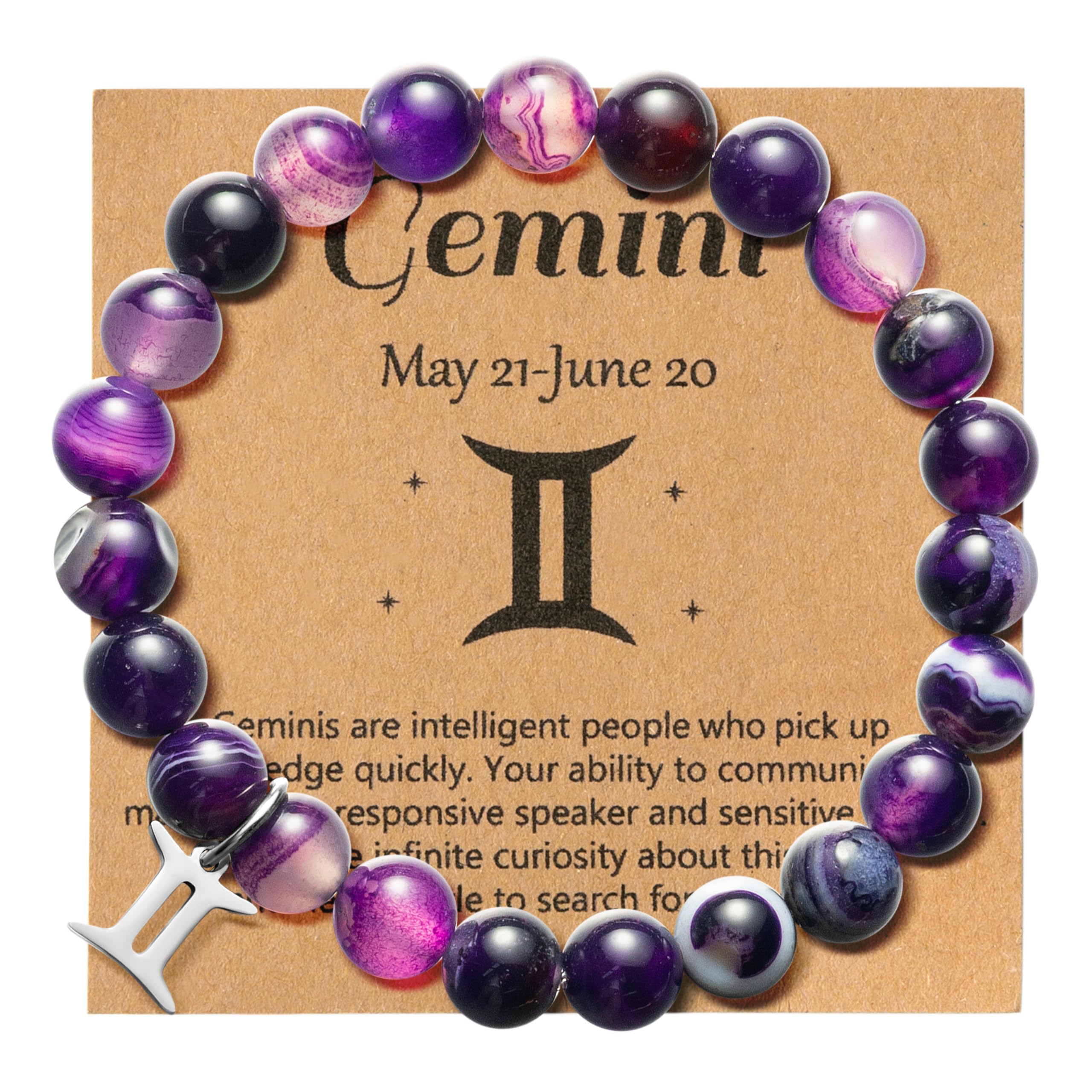 WATINC Constellation Zodiac Bracelet, Birthday Gifts for Women, Purple Natural Stone Astrology Bracelet with Charm Wish Card Envelop, Bracelet Jewelry for Bday