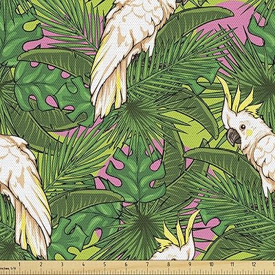 Lunarable Parrots Fabric by The Yard, Yellow Crested Cockatoo Bird with Tropical Foliage Exotic Caribbean Design, Decorative Fabric for Upholstery and Home Accents, 1 Yard, Cream Green