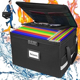 Fireproof Document Box with Lock: Waterproof File Organizer Box with Handle and Shoulder Strap, Portable Collapsible Docum...