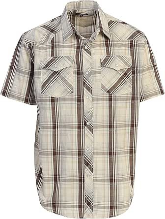 Gioberti Men&#39;s Western Short Sleeve Plaid Shirt W/Pearl Snap-on Buttons,Khaki/Brown/Gray, Small