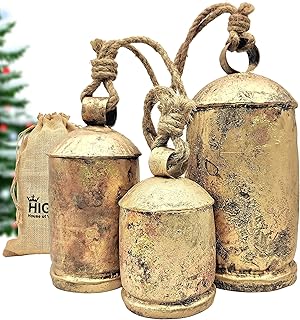 HIGHBIX Set of 3 Giant Harmony Cow Bells Huge Vintage Handmade Rustic Lucky Christmas Hanging XL Bells On Rope (Country Ru...