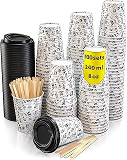 100 Vasos Desechables de Café para Llevar - Vasos Carton 240 ml con Tapas y Agitadores de Madera para Servir el Café, el T...