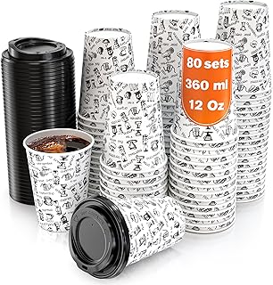 100 Vasos Desechables de Café para Llevar - Vasos Carton 360 ml 12 Onzas con Tapas para Servir el Café, el Té, Bebidas Cal...