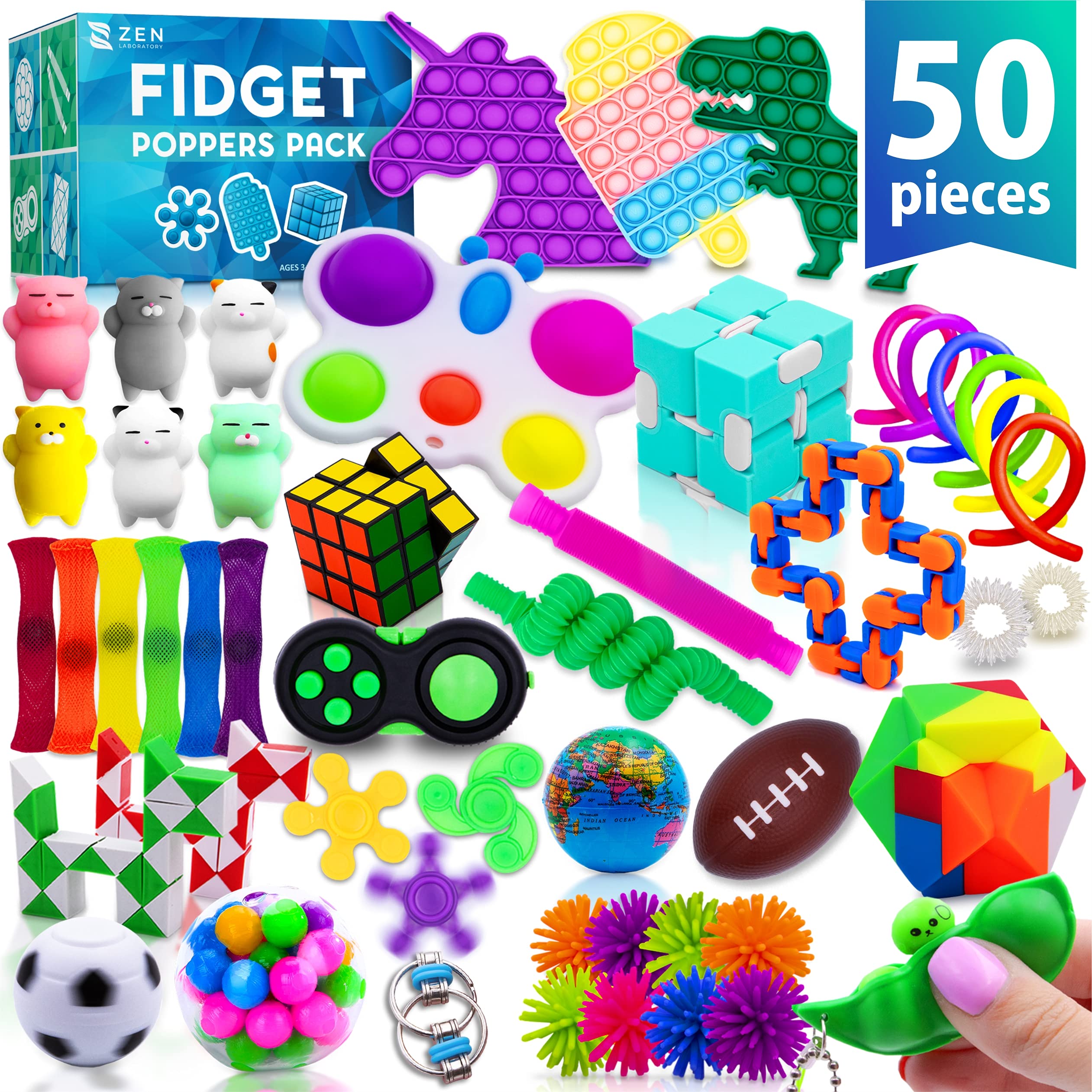 50 Pcs Fidget Toys Pack - Stocking Stuffers for Kids, Gifts for Kids, Party Favors - Adults Stress Relief Sensory Toy - ADHD Toys Bulk for Classroom Treasure Box Prizes - Pop Its