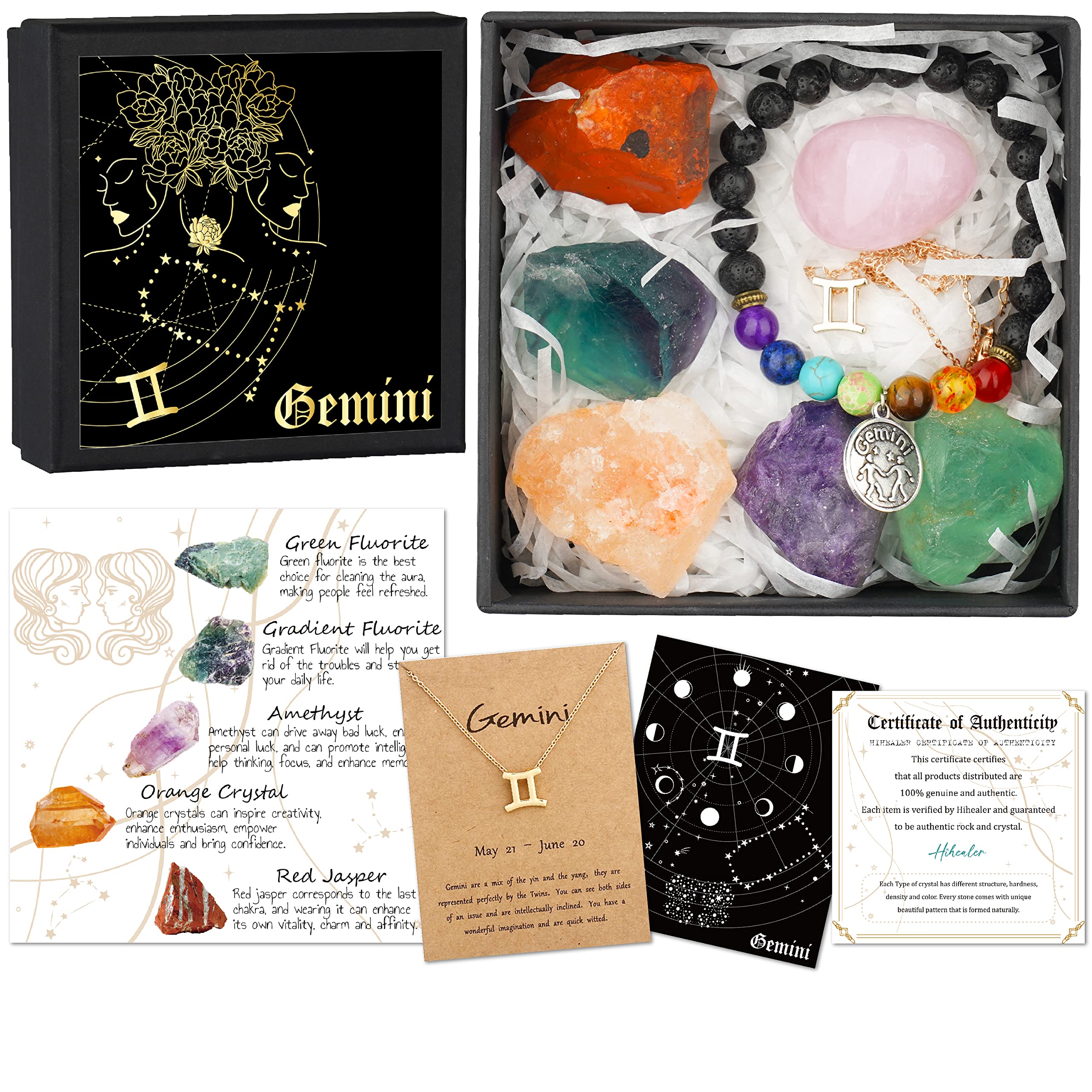 Gemini Zodiac Gifts for Women Spiritual Gifts Horoscope Gifts with Birthstone Zodiac Necklace and Chakra Bracelet Cancer Astrology Crystal Set and Healing Stone Gifts