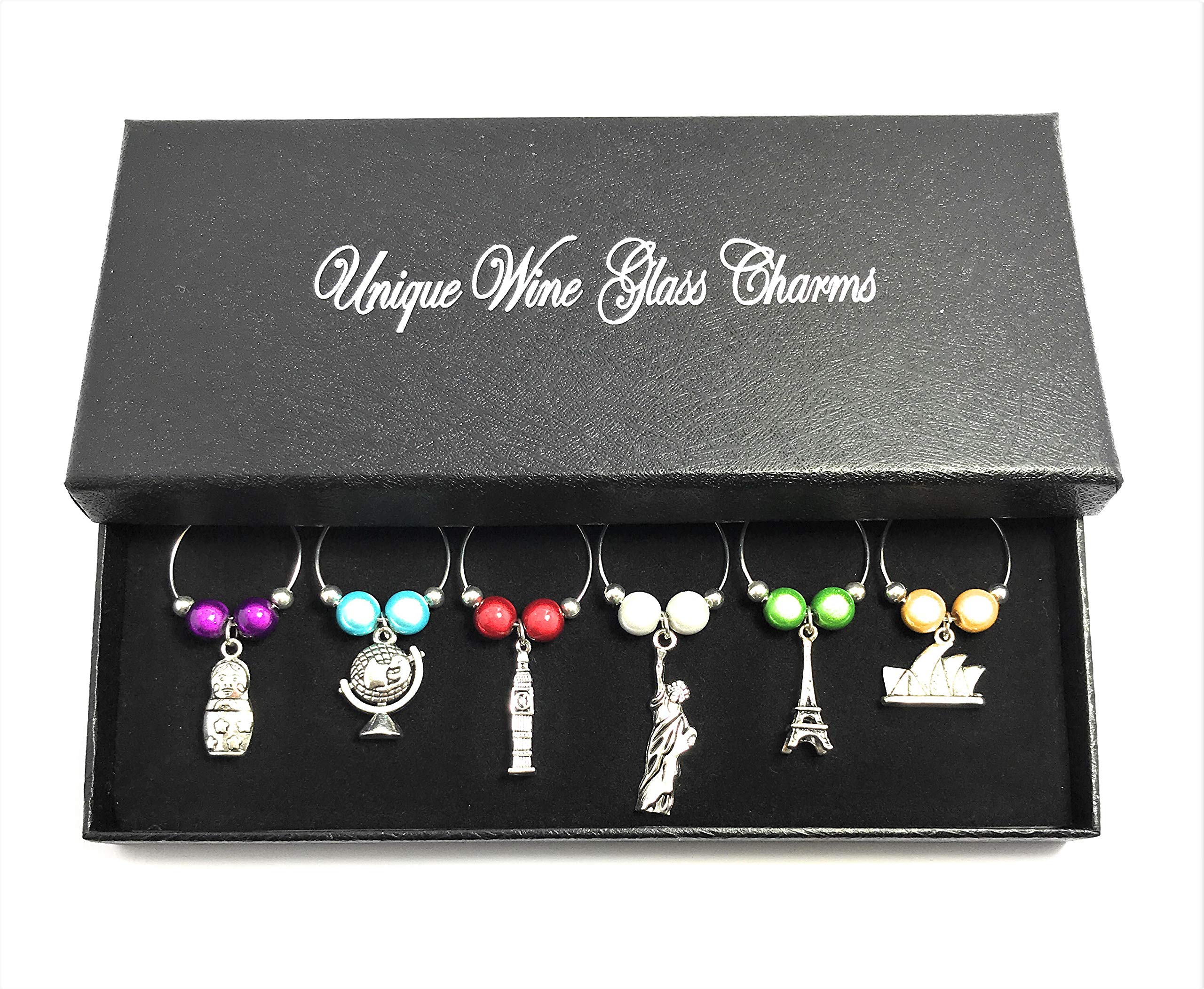 Libby's Market Place Set of 6 Around The World Wine Glass Charms with Gift Box