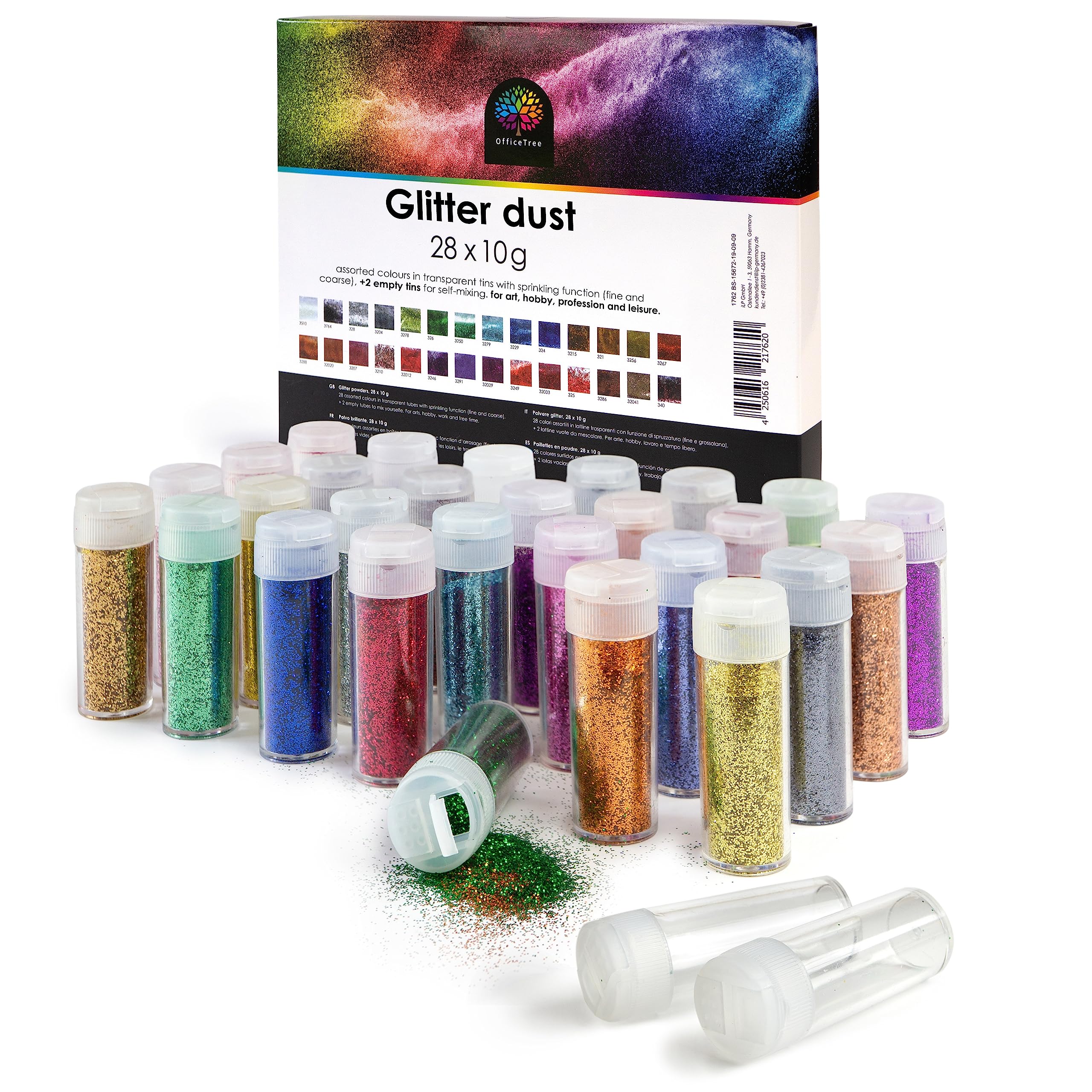 OfficeTree Glitter Set 28 x 10g Colours & 2 Empty Glitter Tubes - Fine Glitter Craft - Glitters as Body Glitter & Festival Glitter & Nail Glitter - Fine Craft Glitter for Kids