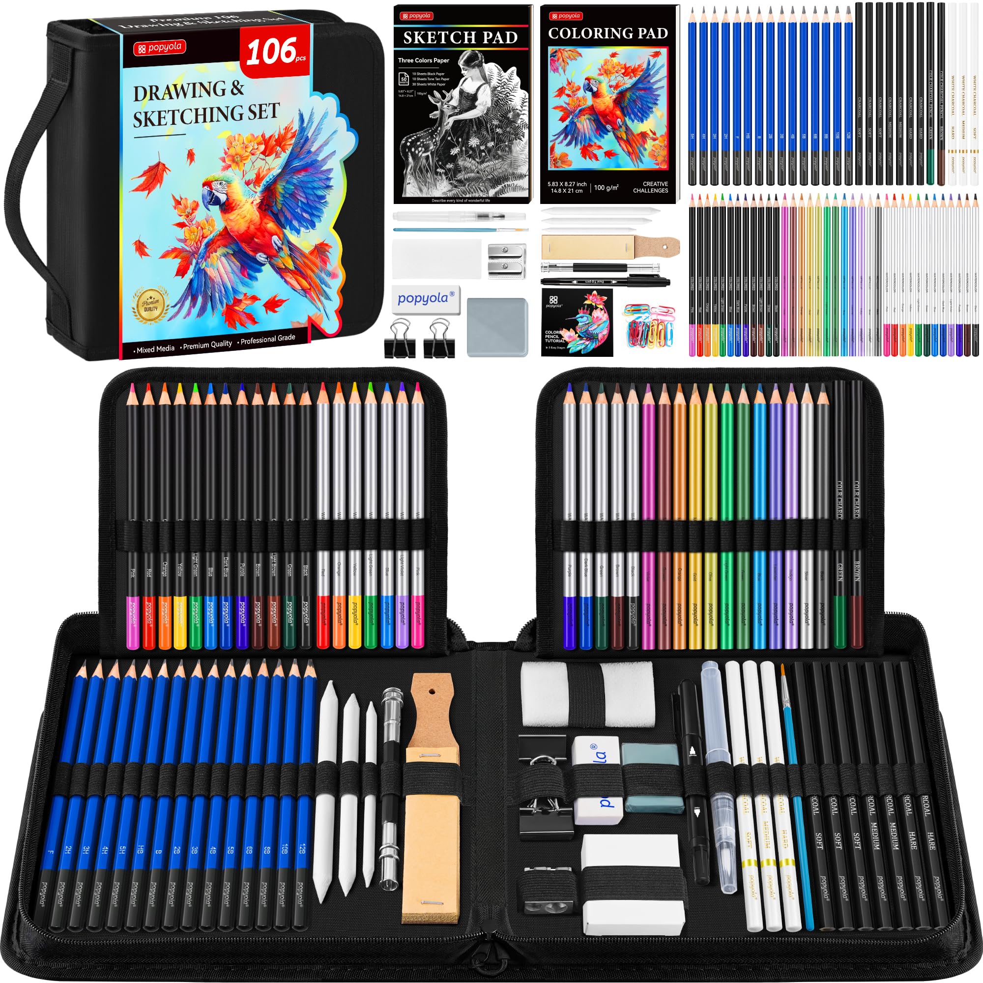 106 PCS Art Supplies Drawing Kit, Pro Drawing Supplies with 3-Color Sketchbook, Coloring Book, Graphite Colored Charcoal Watercolor & Metallic Pencils, Drawing Set Gifts Case for Artists Adults Kids