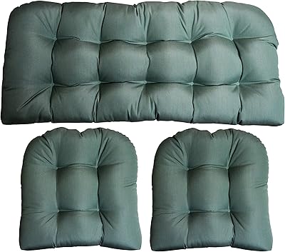 RSH Décor: 3 Piece Tufted Wicker Settee and Chair Cushion Set | Indoor/Outdoor All Weather Sunbrella Fabric | Reversible | 1 Loveseat 44” W x 22" D & 2 U-Shape 22" x 22" | Canvas Spa Blue