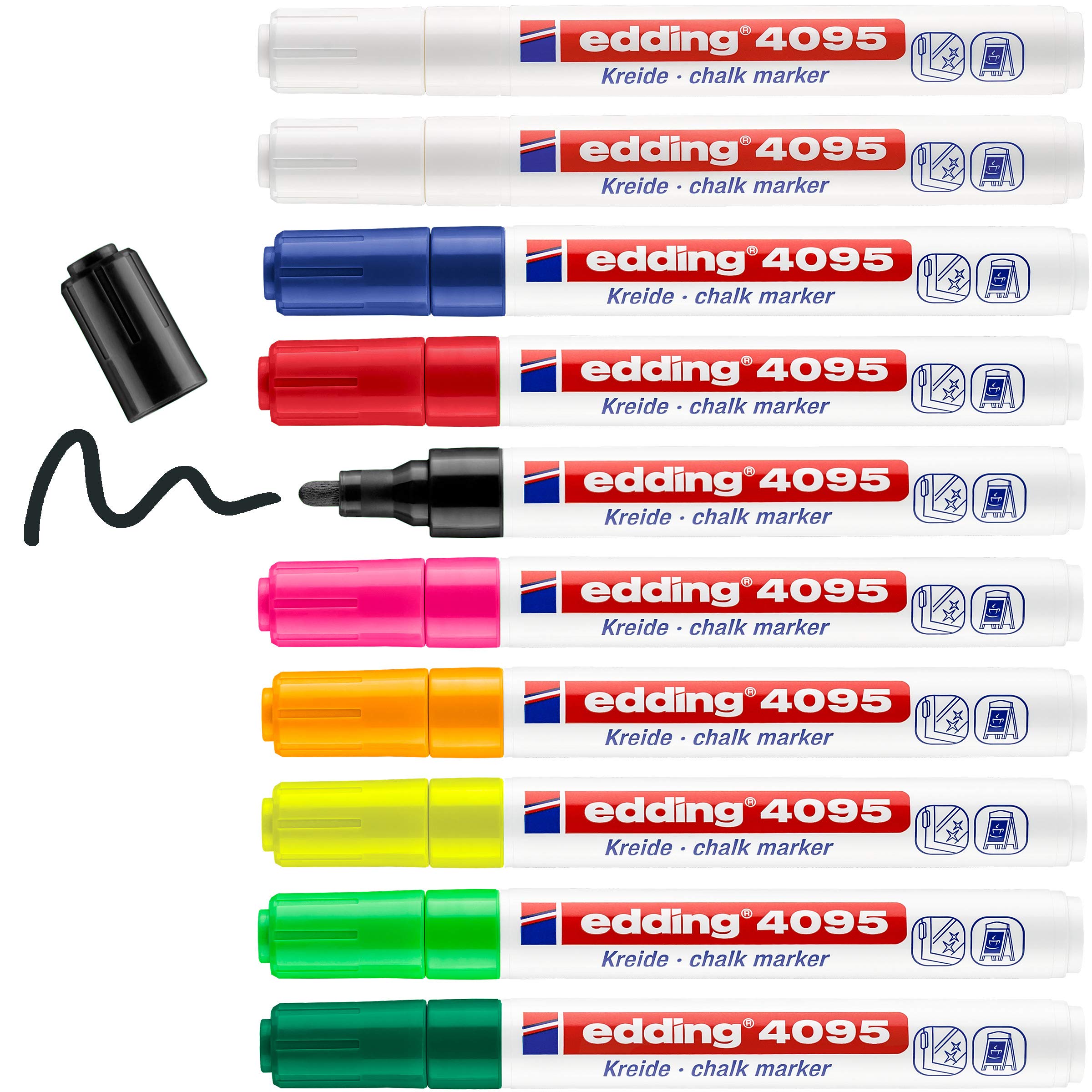 edding 4095 chalk marker - multi-coloured - 10 chalk pens - round nib 2-3 mm - medium-nib wet wipe pen for chalkboards, windows, glass, mirrors - liquid chalk marker pens for opaque coverage