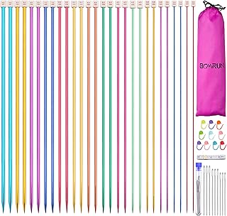 BCMRUN 28Pcs/14 Pairs Stainless Steel Knitting Needles Set, Colored Straight Single Pointed Metal Knitting Needles, 14 Siz...