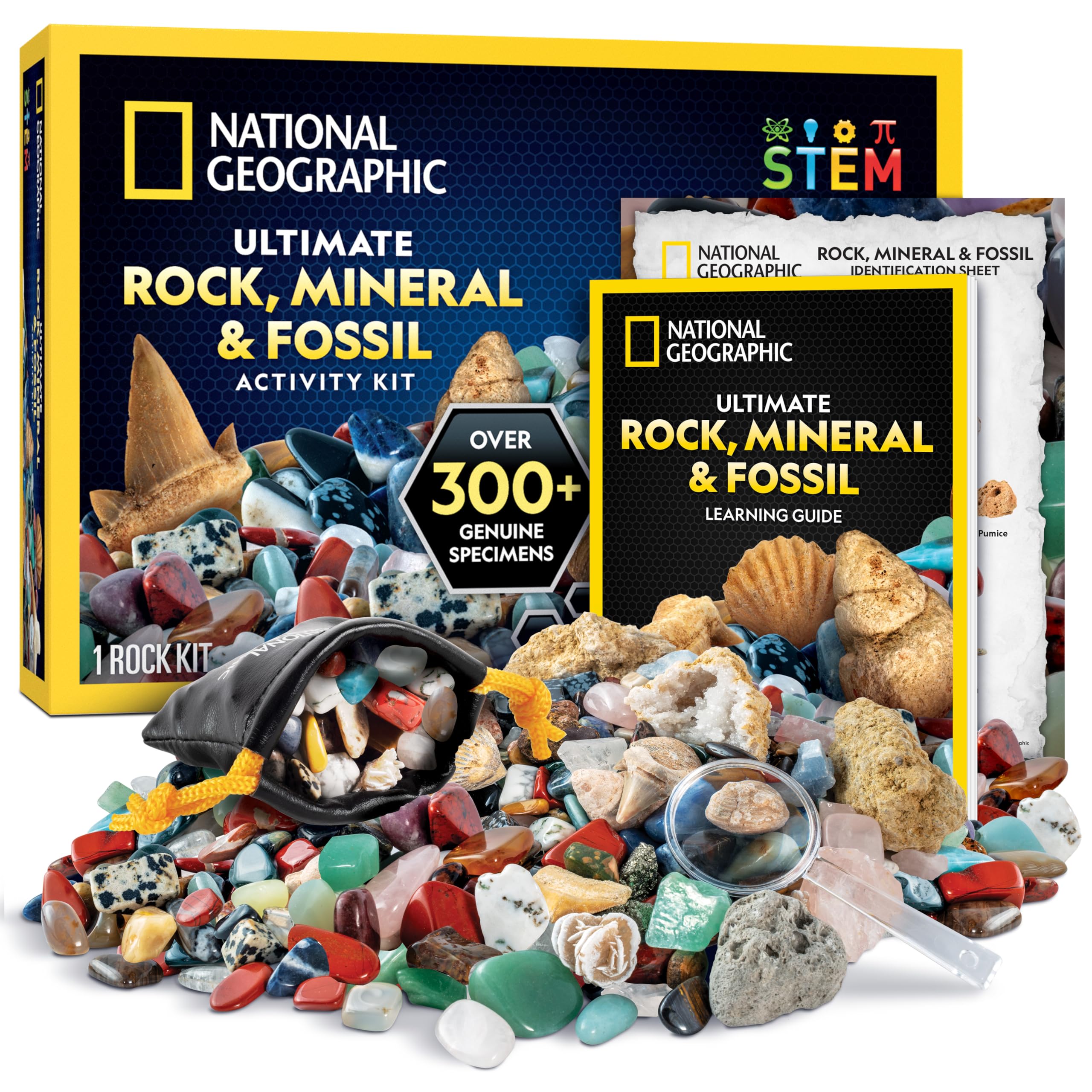 NATIONAL GEOGRAPHIC Rock Collection Box for Kids – 300 Piece Gemstones and Crystals Set Includes Geodes and Real Fossils, Rocks and Minerals Science Kit for Kids, A Geology Gift for Boys and Girls