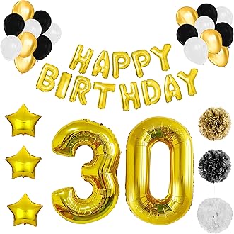 Image of Belle Vous 30th Birthday Party Decorations with Balloons (26 Pack) - Reusable Gold Foil Happy Birthday Balloon Letter Banner Set - Black White & Gold Latex Balloons & Pom Pom Decoration Supplies