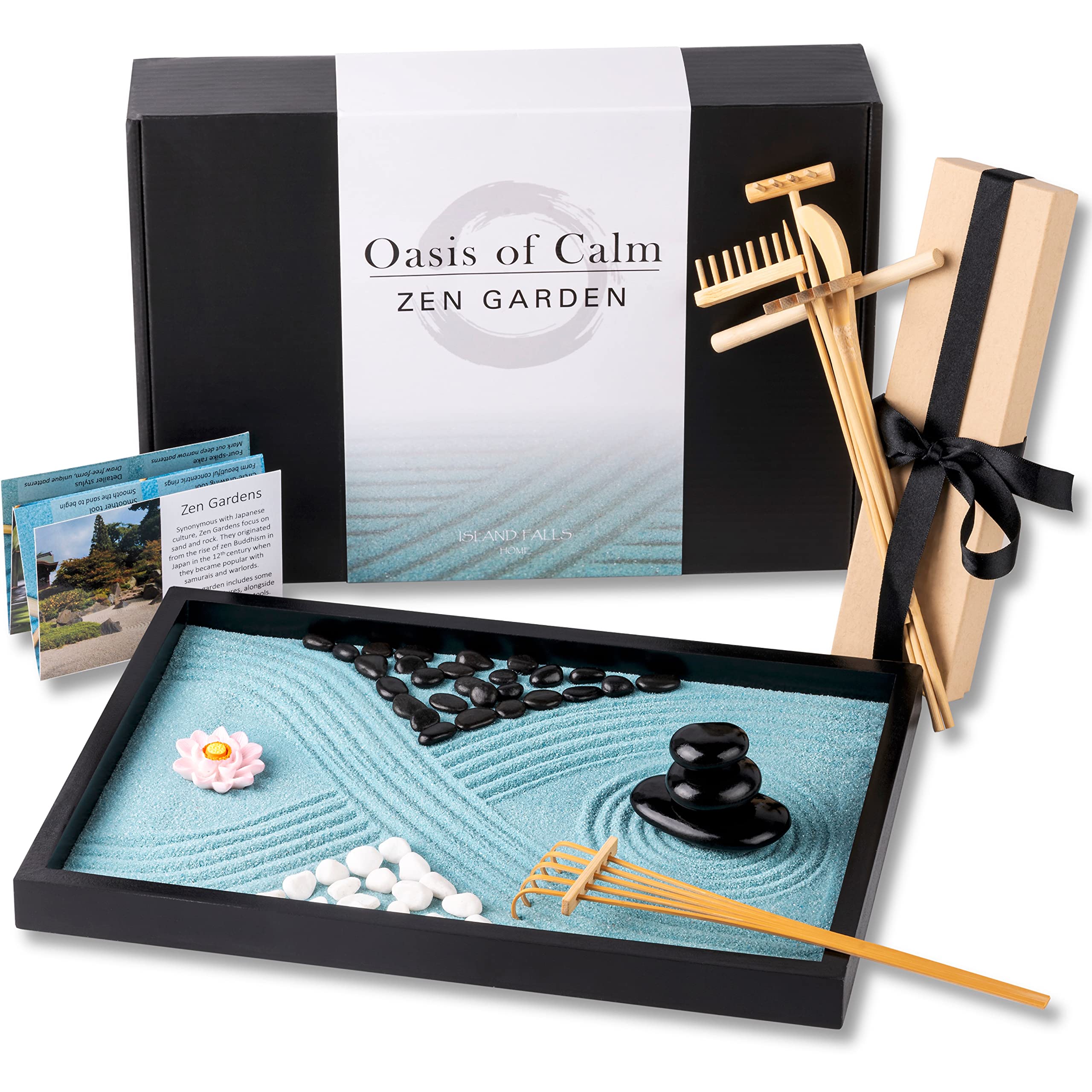 Oasis of Calm Zen Garden Kit. 11x8 Beautiful Premium Japanese Mini Rock Garden Meditation Gift Set for Home & Office Desk Accessories. Zen Aqua Sand, 6 Tool, 6 Features. Mindfulness Gifts Decor Women