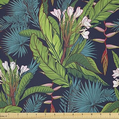 Ambesonne Leaf Fabric by The Yard, Tropical Jungle Palm Tree Banana Leaves Frangipani Heliconia on a Dark Blue Background, Microfiber Fabric for Arts and Crafts Textiles & Decor, 1 Yard, Green Teal