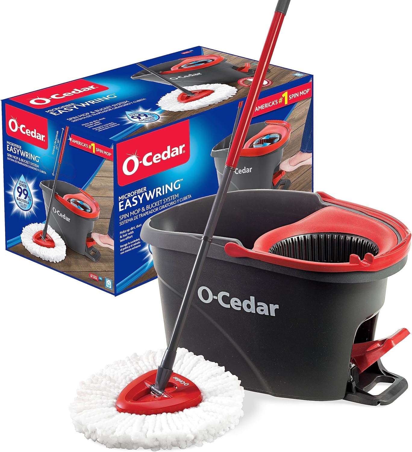 O-Cedar EasyWring Microfiber Spin Mop, Bucket Floor Cleaning System, Red, Gray Microfiber Spin Mop & Bucket Floor Cleaning System Spin Mop