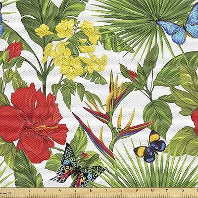 Ambesonne Exotic Fabric by The Yard, Colorful Butterflies Hibiscus Flower Strelitzia Palm Leaves Pattern, Decorative Fabric for Upholstery and Home Accents, 3 Yards, Olive Green Multicolor