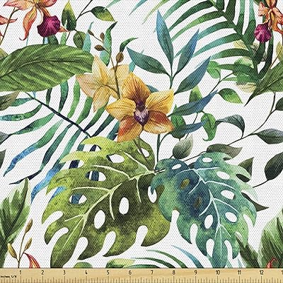 Ambesonne Leaf Fabric by The Yard, Vintage Retro 60s Seem Banana Palm Tree Leaves Flowers Hibiscus, Decorative Fabric for Upholstery and Home Accents, 5 Yards, Caramel Burgundy