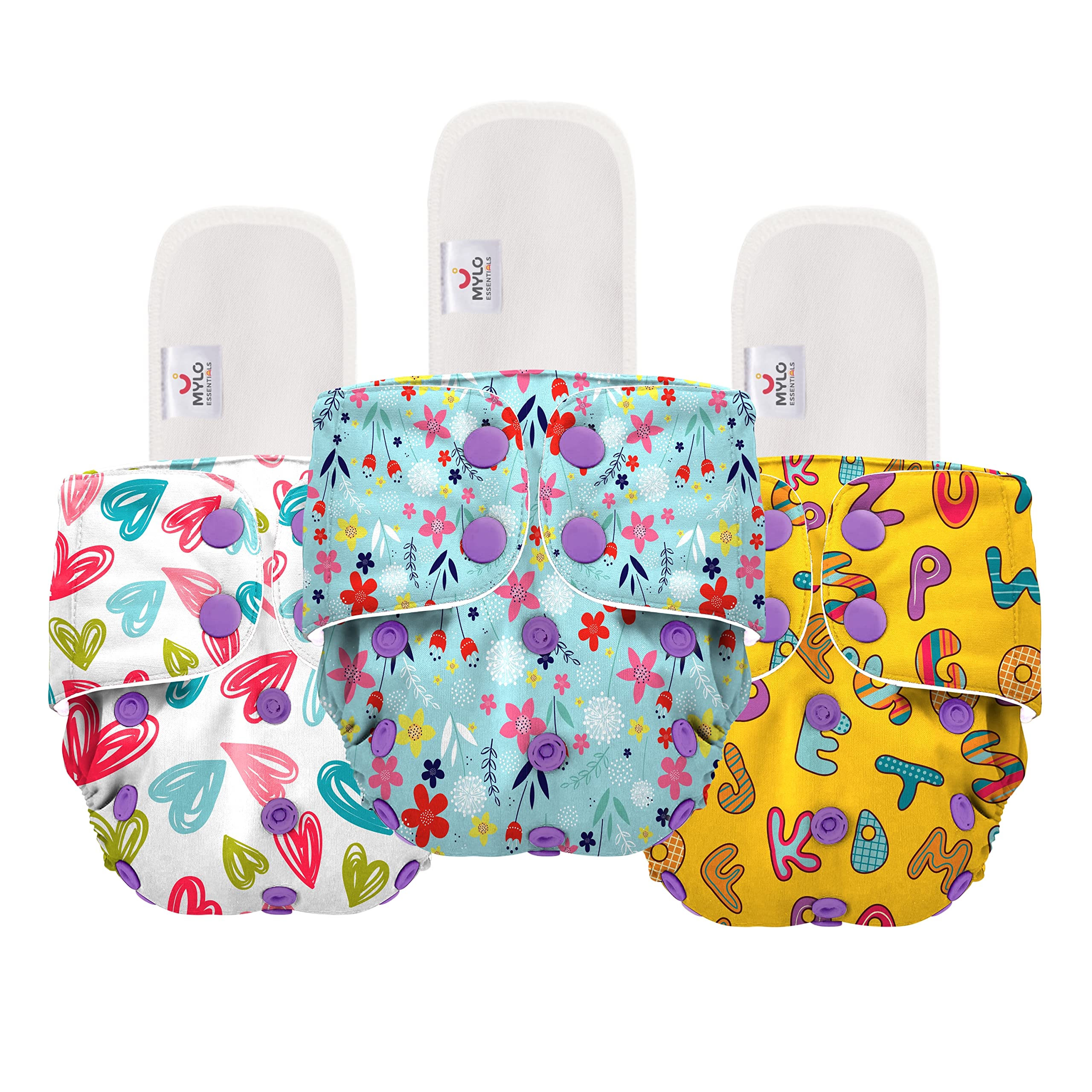 Mylo EssentialsFreesize Cloth Diapers for Babies I Oeko-Tex Certified I Reusable & Washable Cloth Diaper I 0-3 Years I Contains Wet-Free Insert Pads Multicolor (Pack of 3) - ABC + Heart + Floral