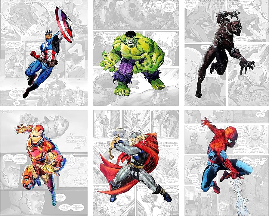 Superhero Wall Decor - Avengers Wall Art – Unframed Set of 6 Prints, 8x10  Inch, Spiderman Hulk Captain America Thor Ironman Black Panther Posters  Vintage Comic Background : : Home