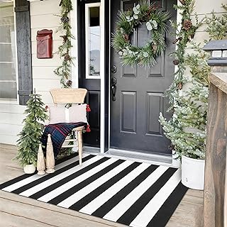 KOZYFLY Black and White Striped Area Rug 3x5 Ft Front Door Rug Hand Woven Cotton Washable Outdoor Doormats Outdoor Entranc...