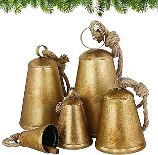 Fovths 5 Pack Giant Christmas Cow Bells Large Cone Metal Rustic Hanging Bells Decorative Cow Bells with Rope Harmony Wind ...