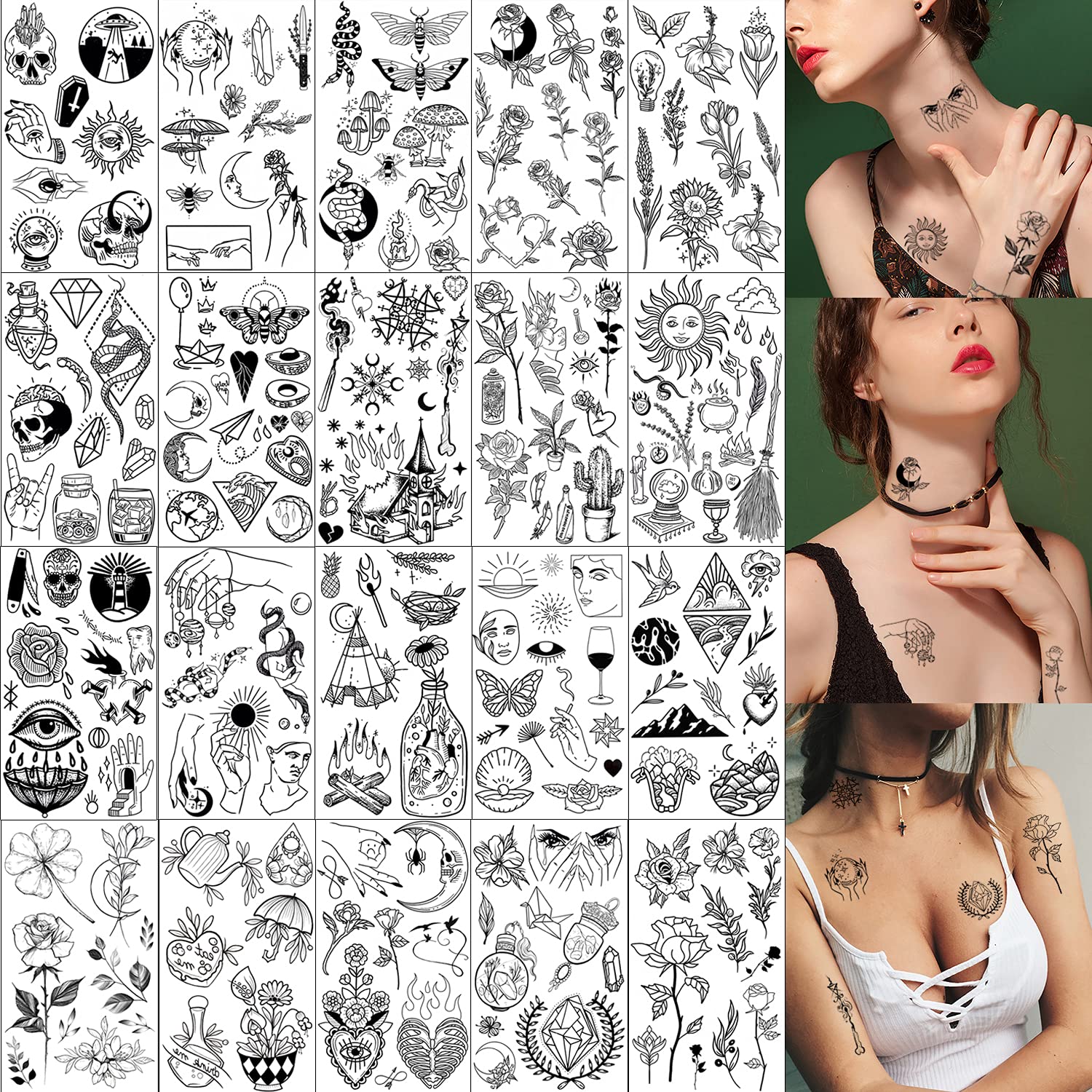 glaryyears20 Sheets Black Tiny Temporary Tattoo, Hands Face Tattoo Sticker for Men Women, Flower Space Moon Snake Designs Body Art on Arm Neck Shoulder Clavicle Waterproof