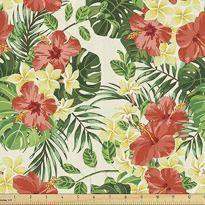 Ambesonne Tropical Fabric by The Yard, Exotic Pattern with Plumeria Hibiscus Monstera Palm Flowers and Leaves, Decorative Fabric for Upholstery and Home Accents, 10 Yards, Red Yellow