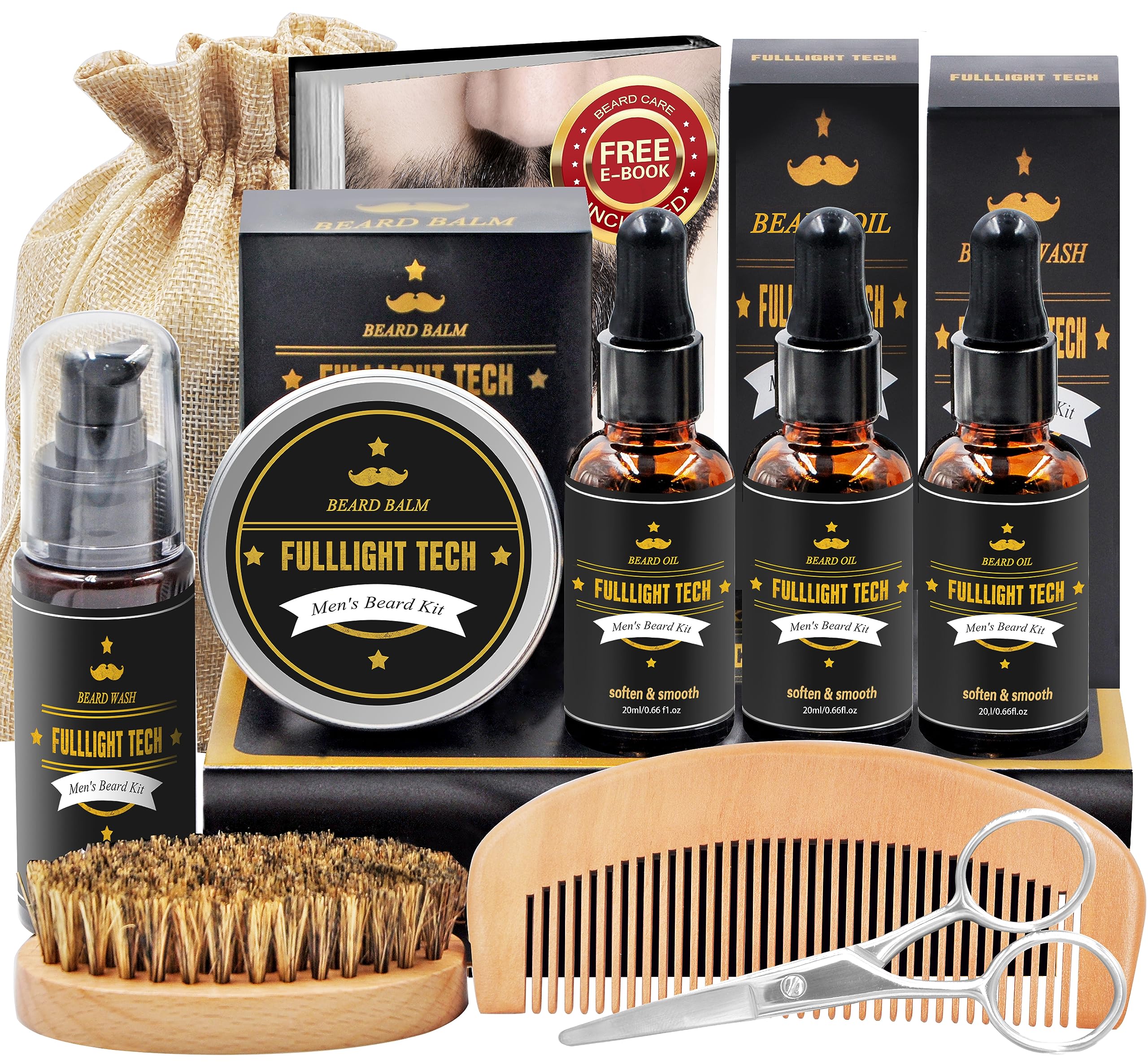 FULLLIGHT TECH Beard Kit for Men Grooming & Care W/Beard Wash,3 Packs Beard Oil,Beard Balm Leave-in Conditioner,Comb,Brush,Scissors,Premium Gifts for Men Dad Husband