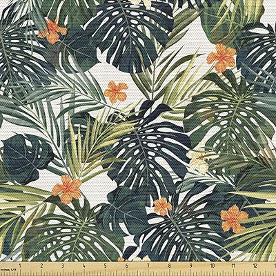 Ambesonne Green Fabric by The Yard, Hawaiian Summer Aloha Pattern Tropical Plants and Hibiscus Flowers, Decorative Fabric for Upholstery and Home Accents, 3 Yards, Teal Orange