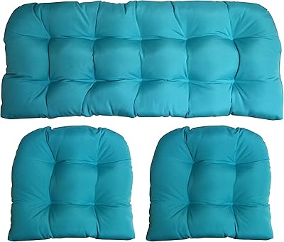 RSH DECOR: Sunbrella 3-Piece Wicker Tufted Cushion Set | Standard Size | Made with Sunbrella Performance Fabric | Outdoor Loveseat & U-Shaped Seat Cushions | Canvas Aruba