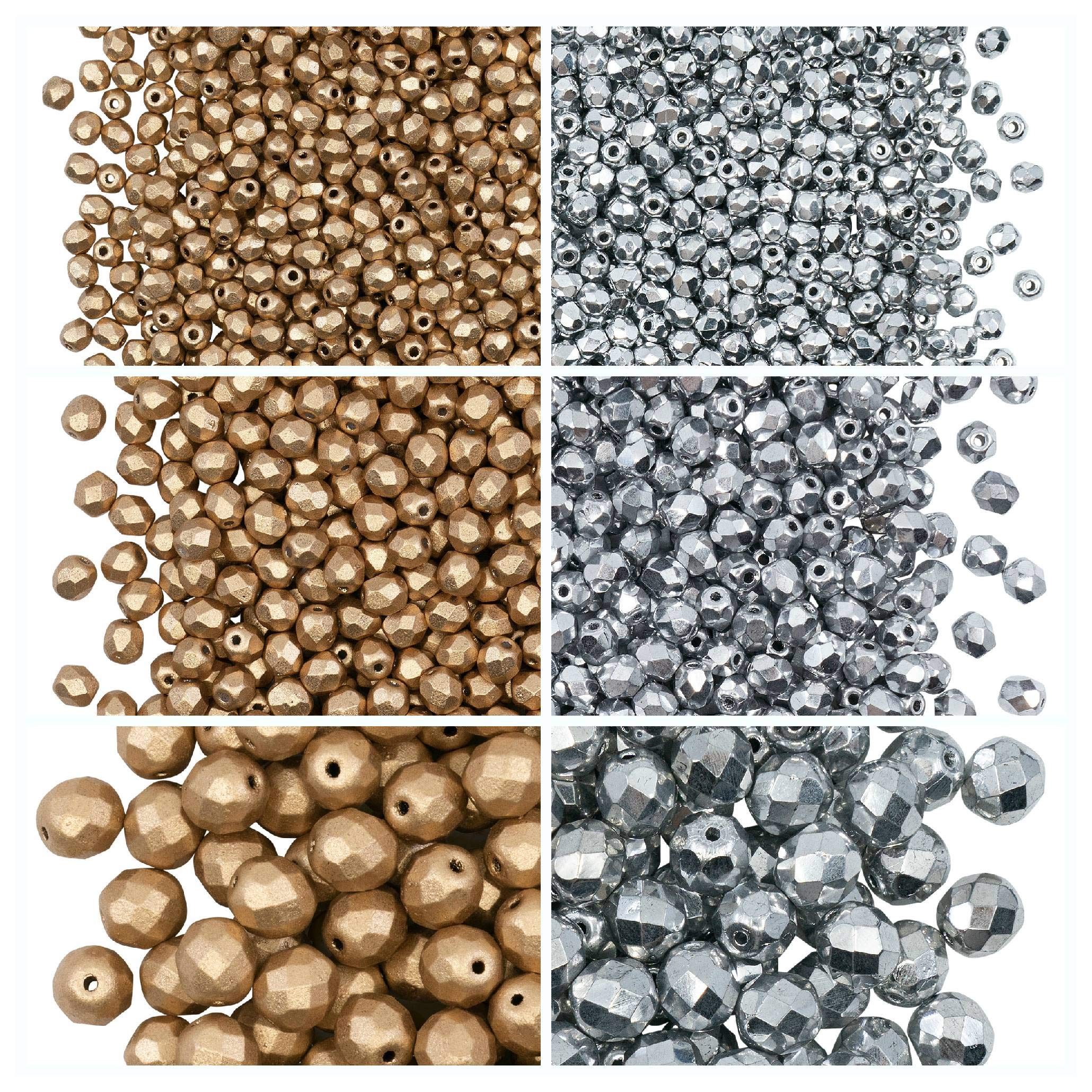 Czech Glass Beads Fire-Polished Round 3 mm, 4 mm, 8 mm, Two Colors – Aztec Gold, Silver Metallic, Set 2CFP 003 (3FP007 3FP033 4FP033 4FP085 8FP019 8FP033)