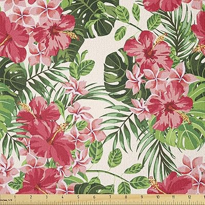 Lunarable Floral Fabric by The Yard, Tropical Botanic Flowers Leaves Ivy Island Hawaiian Image, Stretch Knit Fabric for Clothing Sewing and Arts Crafts, 2 Yards, Green Jade