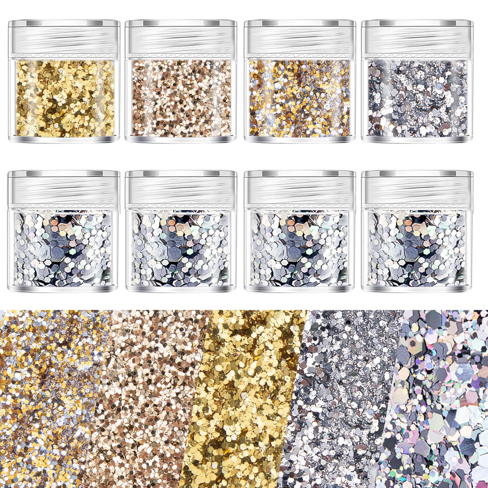 COKOHAPPY 8 Boxes Gold Silver Body Chunky Glitter Makeup, Holographic Flake Cosmetic Sequins Glitter, Ultra-thin Nail Art Iridescent Sparkle Mixed Glitter for Face Eye Hair