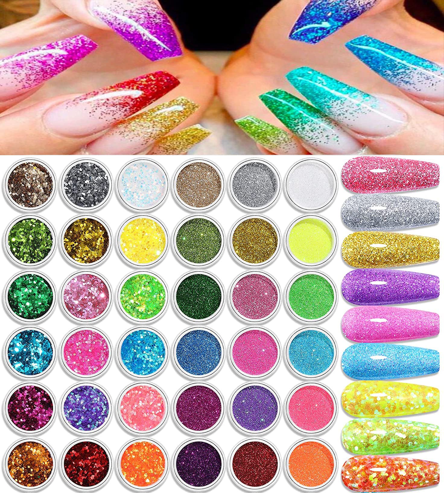 Worldwesties 36Pcs Nail Art Glitter and Sparkling Powder for Eyeshadow, Cosmetic, Arts, Crafts, Decoration. Body Glitter, Face Glitter for Festival, Makeup multicolour (Pack of 36Pcs)