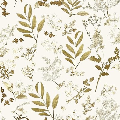 Vintage Floral Wallpaper Peel and Stick Golden Leaf Wallpaper Modern Flowers Contact Paper Waterproof Self Adhesive Boho Delicate Wall Paper for Cabinet Bedroom Walls Shelf Liner(17.5in x9.8ft,Beige)