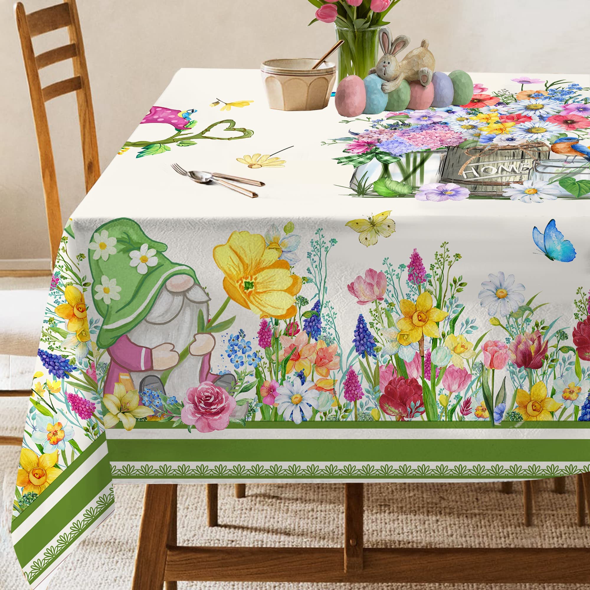 Hexagram Spring Tablecloth, Floral Tablecloth Rectangle 60x120 inch, Floral Gnomes Table Clothes Rectangular, Farmhouse Spring Decorations for Home,Table,Party