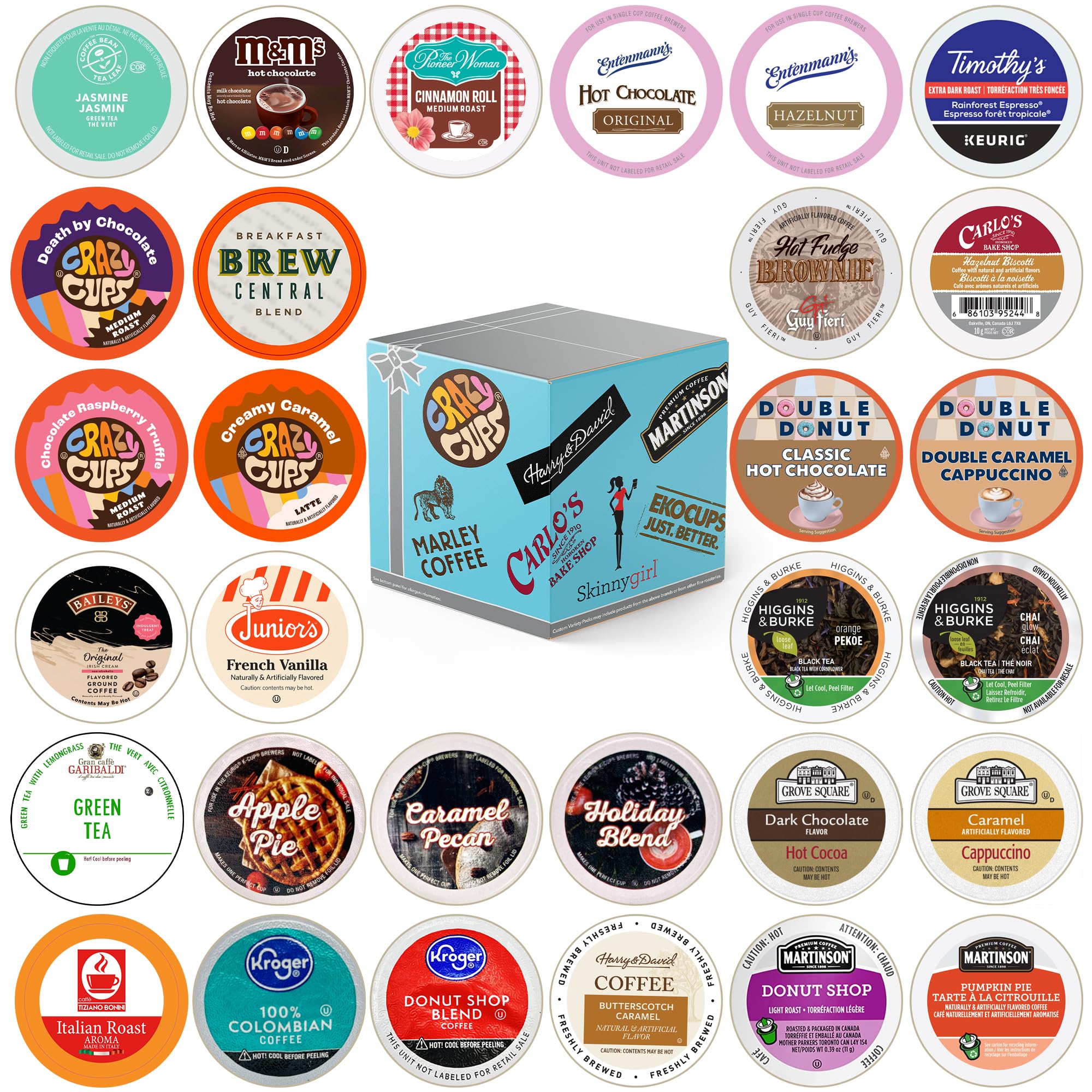 Variety Pack of Coffee, Tea, Hot Chocolate and Cappuccino, Sampler of Single Serve Coffee, Tea, Hot Cocoa and Cappuccino Pods for Keurig K Cups Machines, 30 Pack - No Duplicates