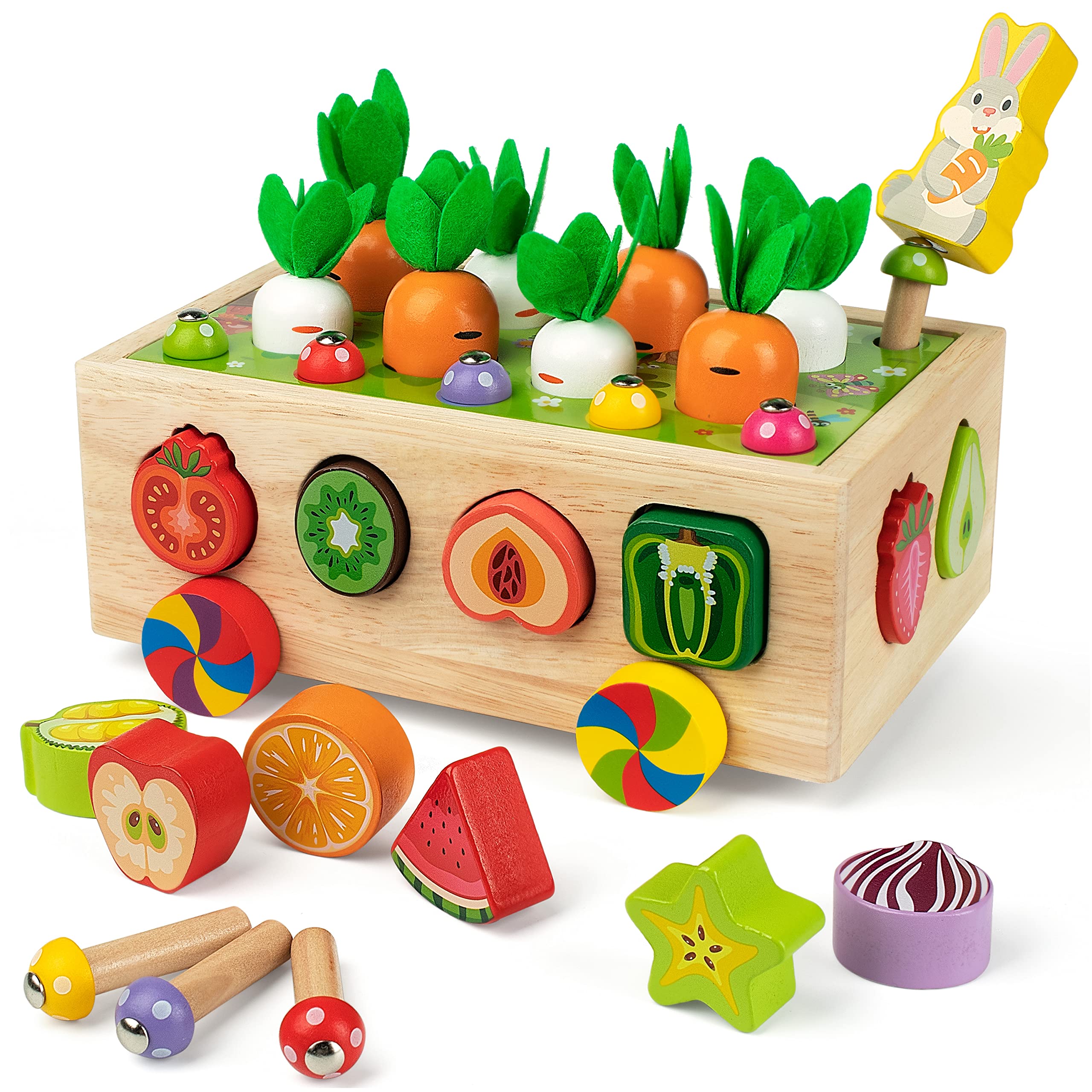 Coogam Montessori Fine Motor Toys for Baby Toddler, Wooden Shape Sorter Carrot Harvest Game, Preschool Learning Educational Gift Toy for 3 4 5 Year Old