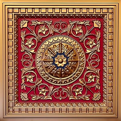 Decorative PVC Faux Tin Ceiling Tiles (Drop in), 24"x24",2'x2', Pack of 6, 24 sq.ft. - D215 (Gold-Red-Royal Blue)