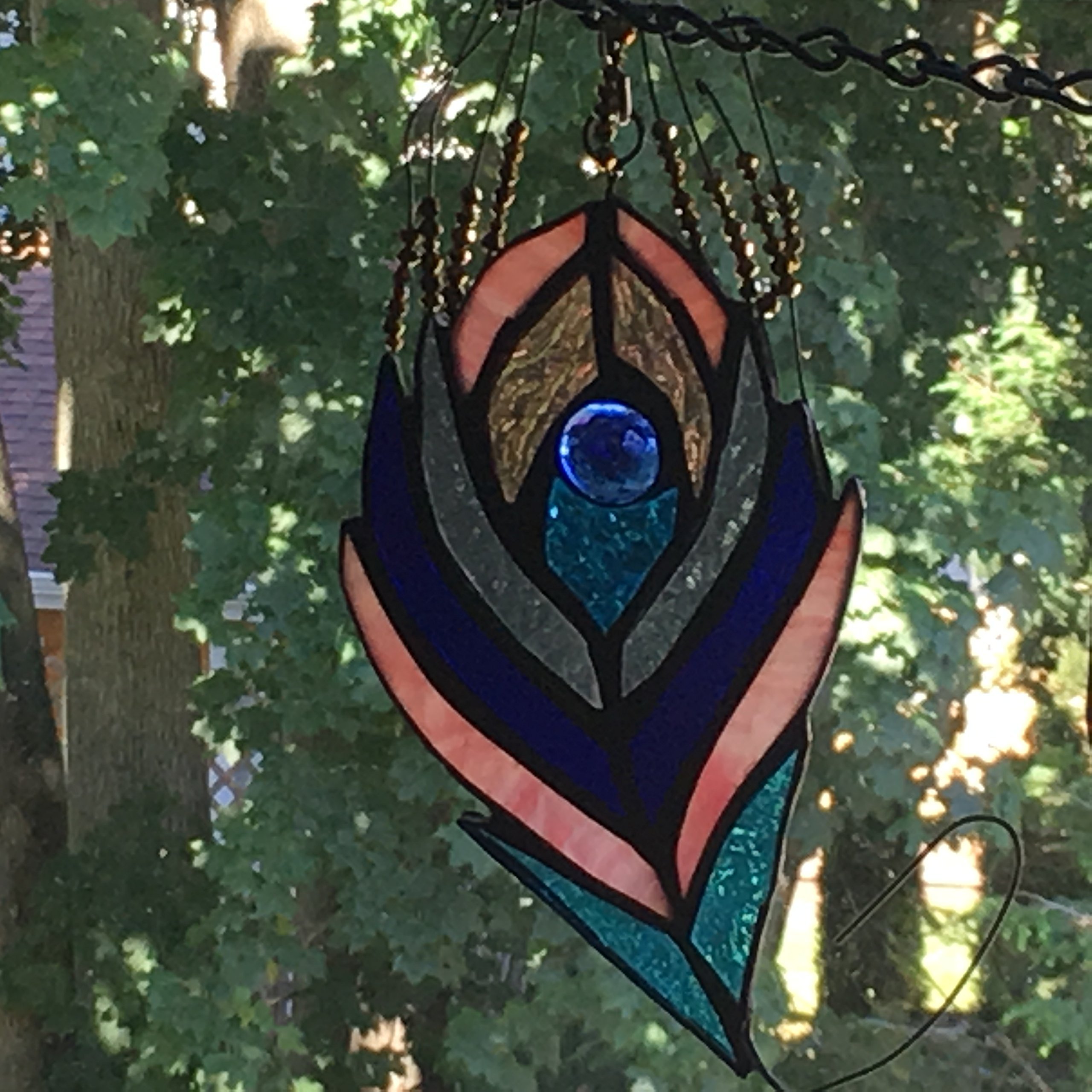 One Stained Glass Peacock Feather with tiny crystals