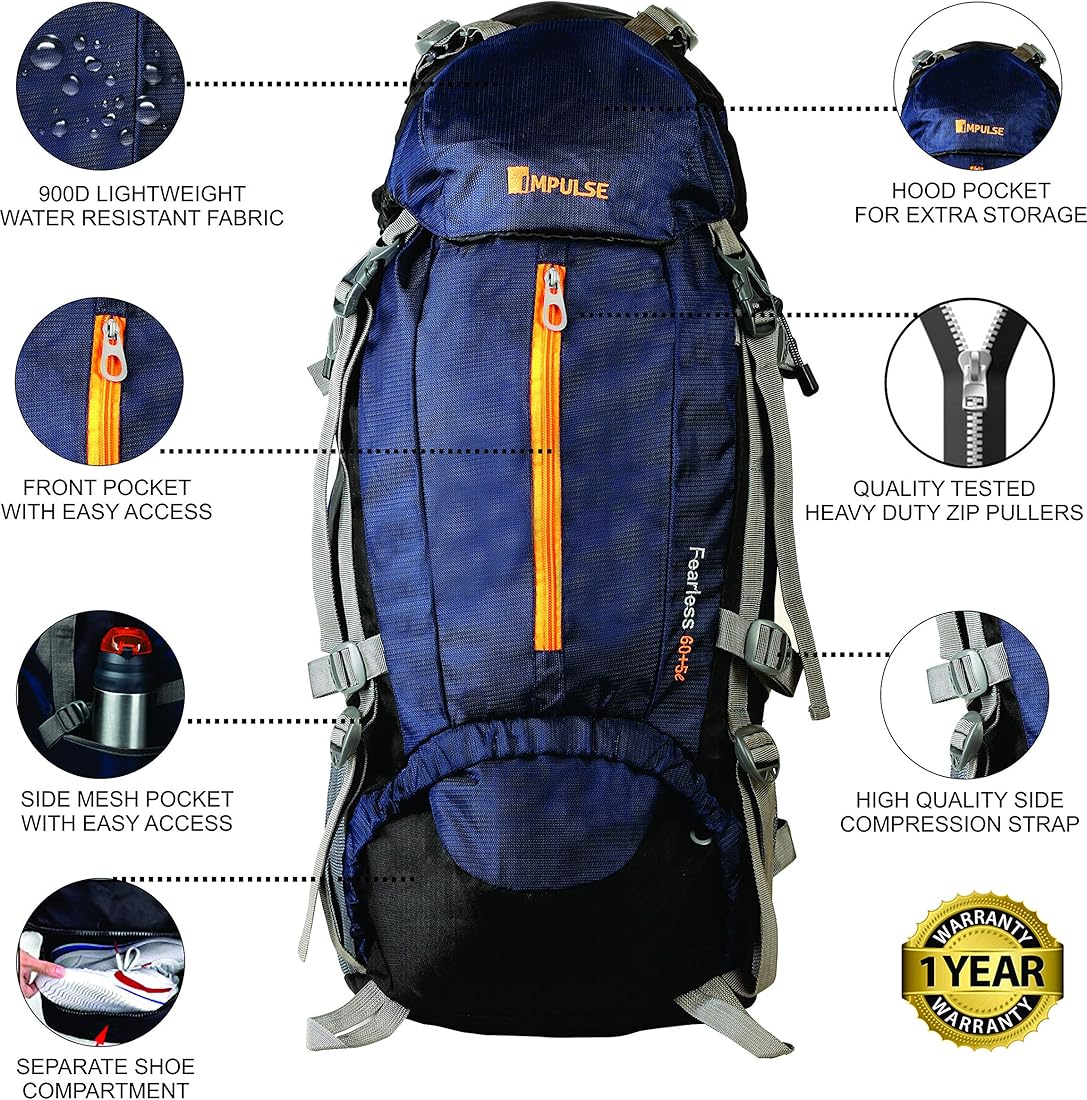 Buy Impulse Rucksack Bags 65 Litres Travel Bag For Men Tourist Bag For Travel  Backpack For Hiking Trekking Bag For Men Camping Inverse U Blue With 1 Year  Warranty And Rain Cover