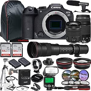 Canon EOS R7 Mirrorless Camera w/RF 24-105mm f/4-7.1 is STM Lens + EF 75-300mm f/4-5.6 III Lens + 420-800mm f/8.3 HD Lens + 2X 64GB Memory + Microphone + Filters + TTL Flash + More (35pc Bundle)