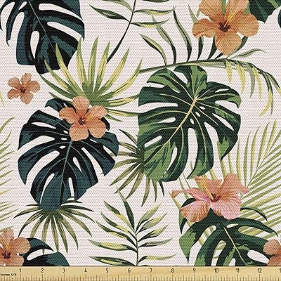 Ambesonne Hibiscus Fabric by The Yard, Tropical Flowers in Real Life Tones, Decorative Fabric for Upholstery and Home Accents, 2 Yards, Green Peach