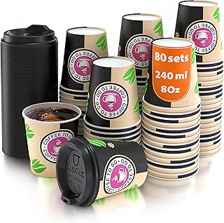 100 Vasos Desechables de Café Para Llevar - Vasos Carton 240 ml 8 Onzas con Tapas para Servir el Café, el Té, Bebidas Cali...