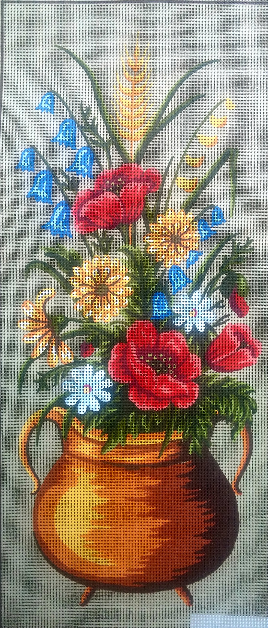 POPPIES & ASSORTED FLOWERS IN A GOLD POT NEEDLEPOINT CANVAS