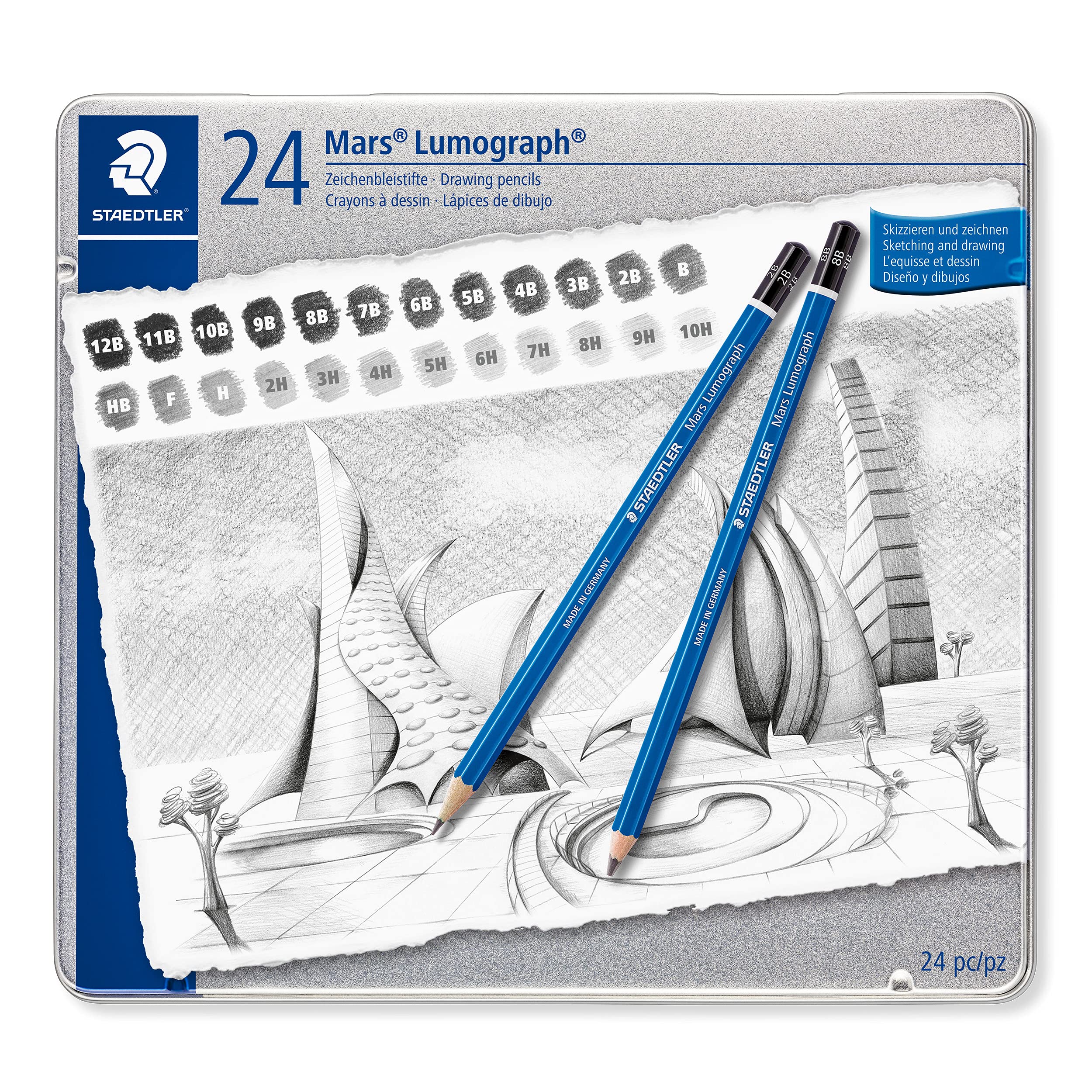 STAEDTLERMars Lumograph Set of 24 Drawing Graphite Pencils in Metal Case, Grades 12B-10H, Grey