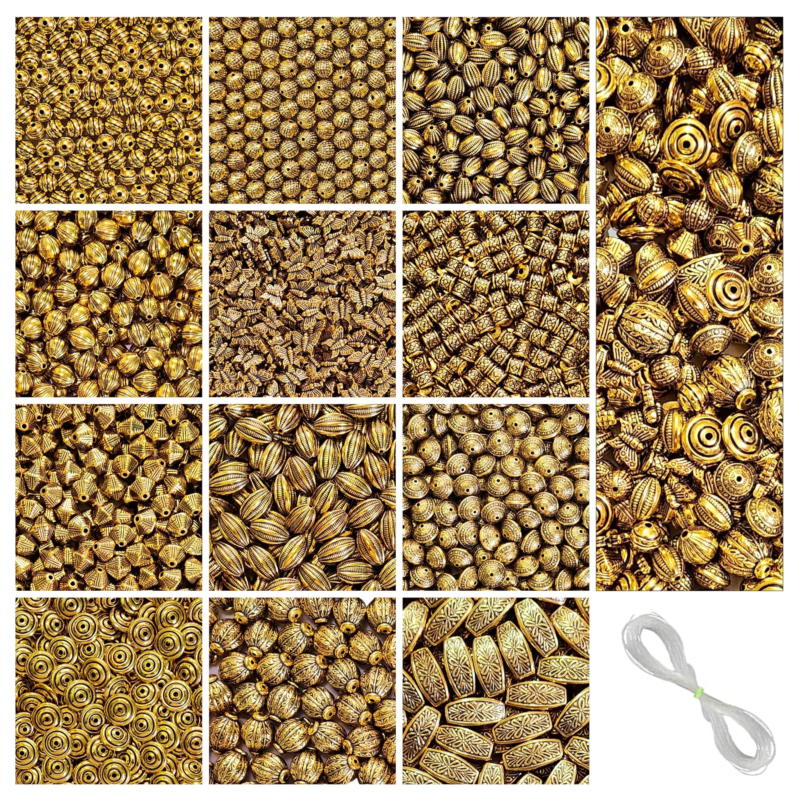 REGLET335-340 Pcs. - DIY Antique Golden Beads for Jewellery Making Kit | Beads for Craft | Beads for Kids | Embroidery Bead | Beads for Bracelet Making | Beads for Necklace | 12 Designs | 280 Grams