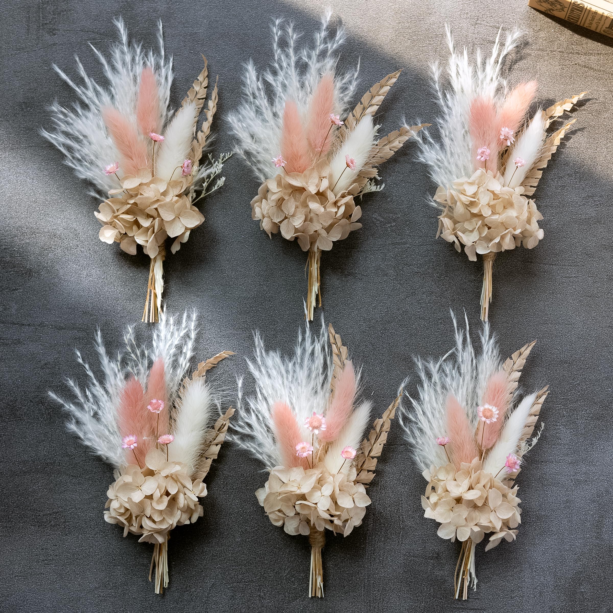 Miniature Dried Flower Bouquet (Pack of 6), Small Dried Pampas Grass, Small Dried Flowers for Crafts, Birthday Cake Bridesmaid Gift Box, Card Envelope Decoration. (Dusty Pink)