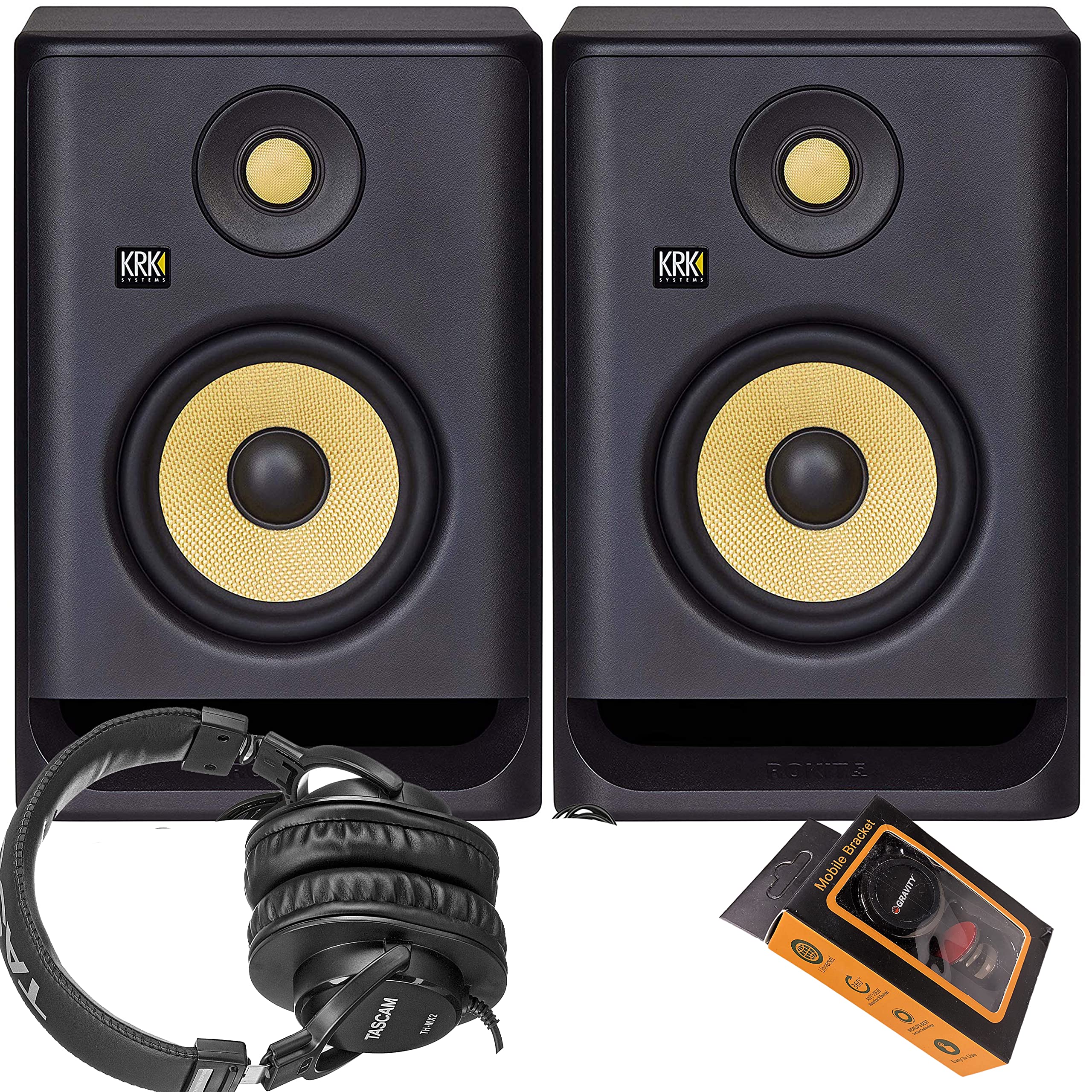 KRKRP5 Rokit 5 G4 Professional Bi-Amp 5" Powered Studio Monitor Pair + TH-MX2 Headphone + Magnet Phone Holder, BLACK (KRK1205-003)